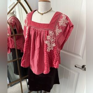 Free People Half Moon Red Strip Shirt Gingham Embroidered Boho Top W's  Small